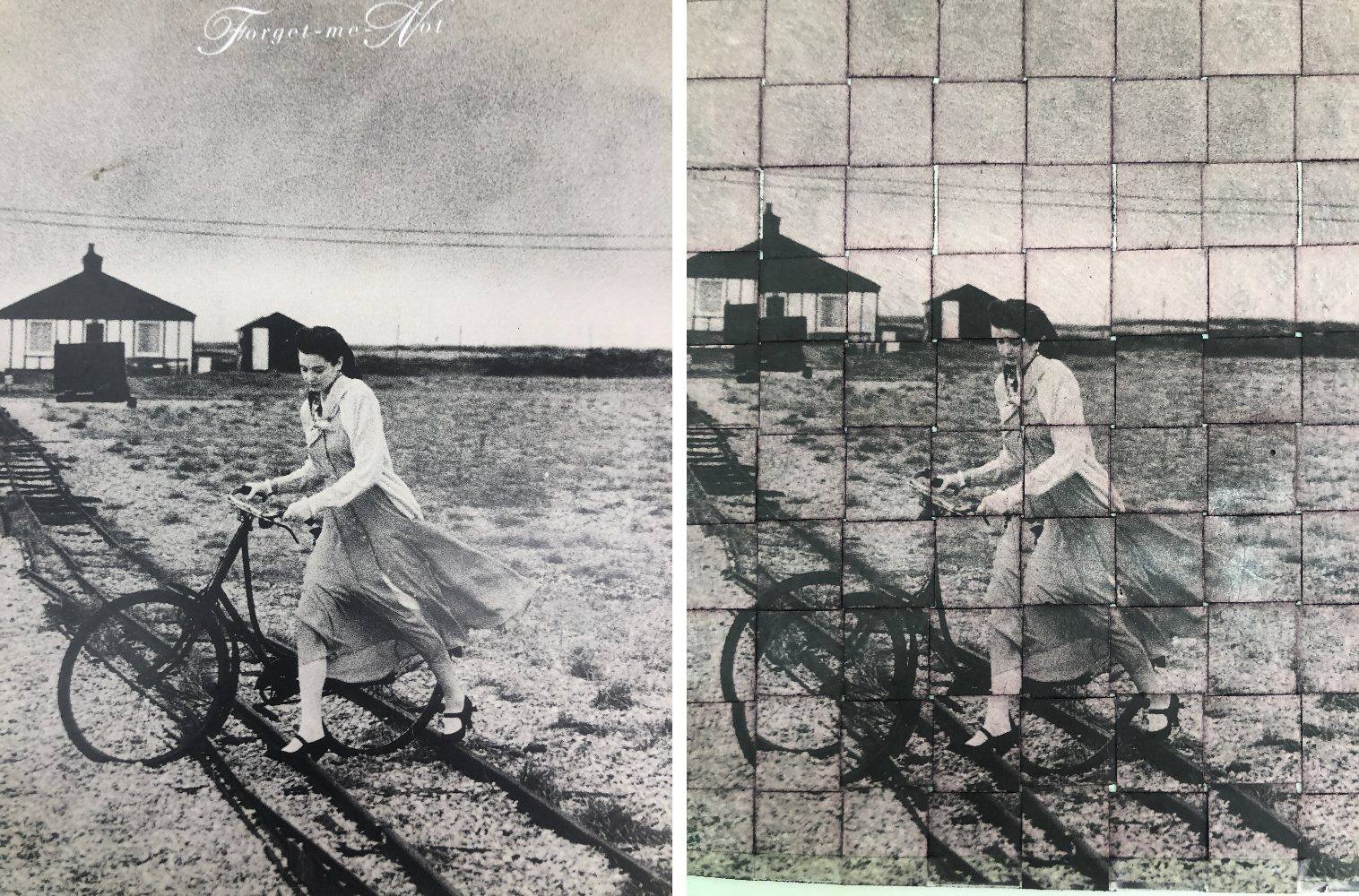 A print of a woman on a bicycle, before and after it was turned into a tiled artwork
